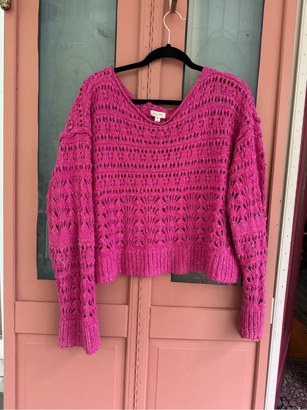 Pilcro Open-Stitch Crewneck Sweater in Fuchsia Pink